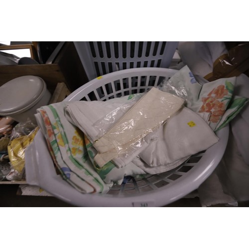 343 - Linen bin, basket with various bed linen, pillows & duvet