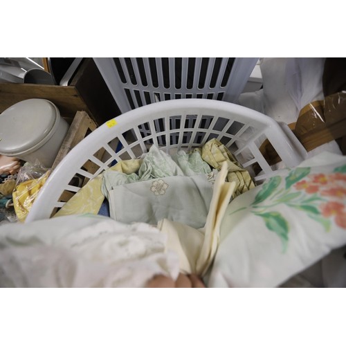 343 - Linen bin, basket with various bed linen, pillows & duvet