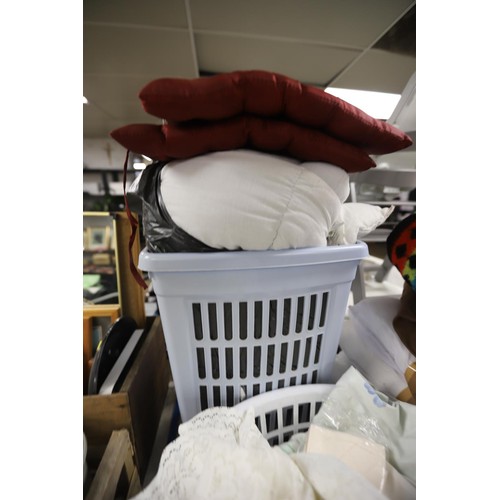 343 - Linen bin, basket with various bed linen, pillows & duvet