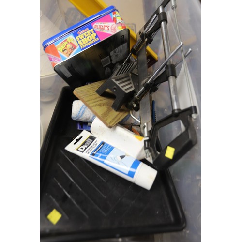 347 - Box of misc, incl spirit level, decorating tools, etc