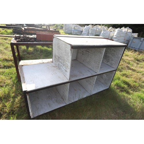 210 - Workbench, flat piece of steel 4” x 96”, small RSJ 71” x 7”, chain, large wooden pigeon bin