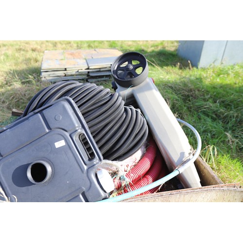 238 - Wooden crate of various wire conduit, water containers etc