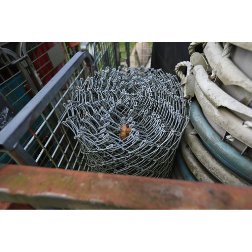 315 - Large aluminium mesh storage crate, incl plastic buckets, chain-link galvanised fencing etc