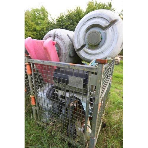 316 - Large mesh open aluminium crate, incl various storage containers etc