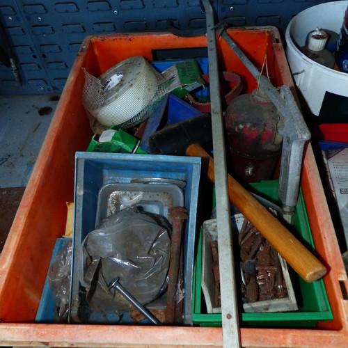 429 - 2 orange crates tub & box of various garage misc