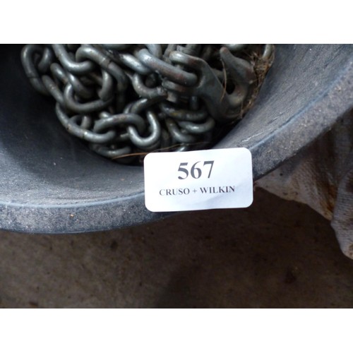 567 - Bucket of chains & various chains, hand winch etc