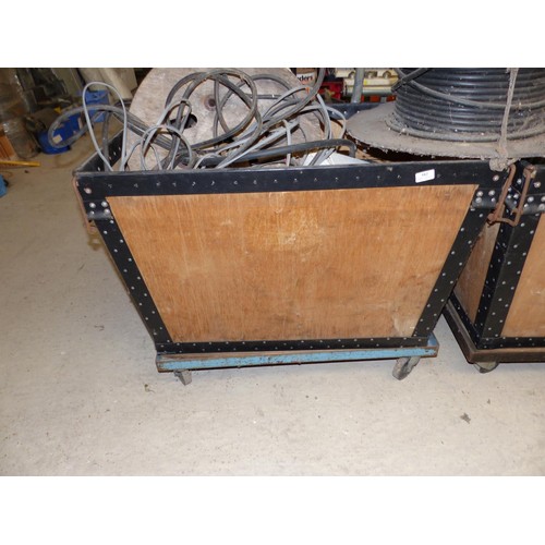 582 - 2 x wooden boxes on trolleys, incl qty of various armoured cable, wire etc