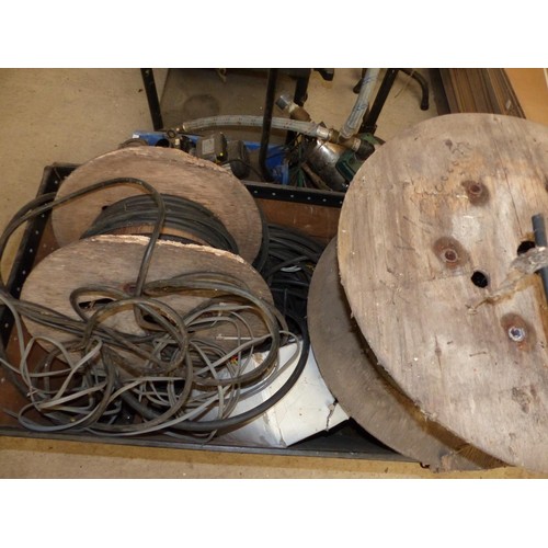 582 - 2 x wooden boxes on trolleys, incl qty of various armoured cable, wire etc