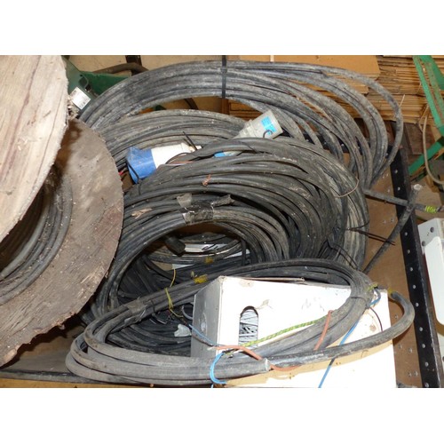 582 - 2 x wooden boxes on trolleys, incl qty of various armoured cable, wire etc