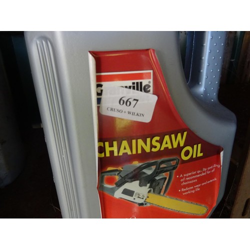 667 - 2 x 5 litre chainsaw oil & 1 litre of 4 stroke lawnmower oil