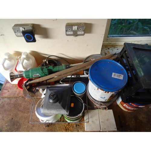 743 - Qty of misc fence paint etc, incl electric weed burner - passed electric pat test-to be tested rewir... 