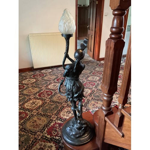 785 - Pair of bronze statues of boy & girl holding lamp torches - to be tested rewired & installed by qual... 