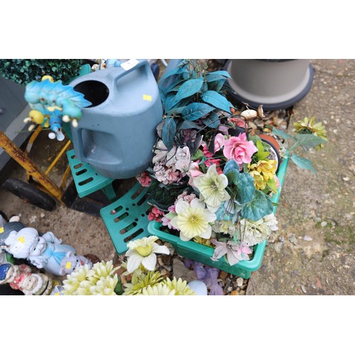 8 - Folding sack barrow, watering can, stand & artificial flowers