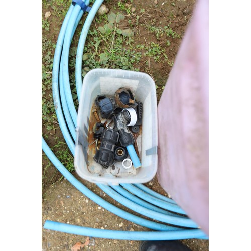 61 - Blue water pipe, fixings, feeder & container