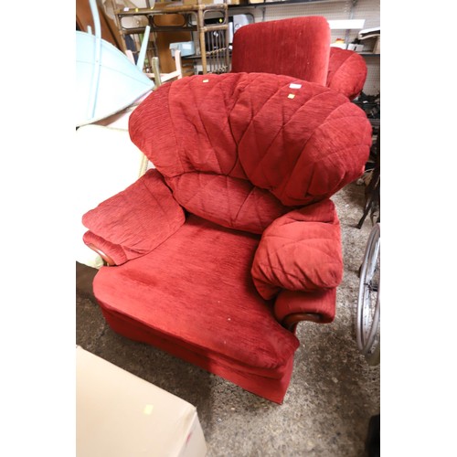 82 - 2 red G Plan armchairs & footstool