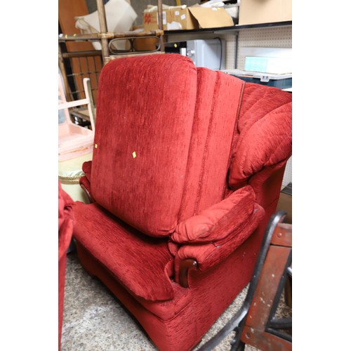 82 - 2 red G Plan armchairs & footstool