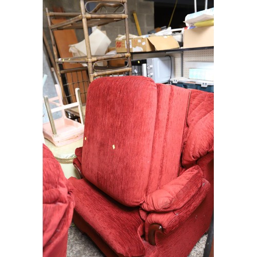 82 - 2 red G Plan armchairs & footstool