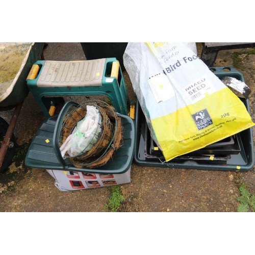 68 - Garden kneeler, trug, hanging baskets with liners, tarpaulin, work station & trays