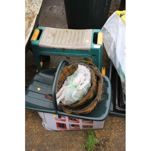 68 - Garden kneeler, trug, hanging baskets with liners, tarpaulin, work station & trays