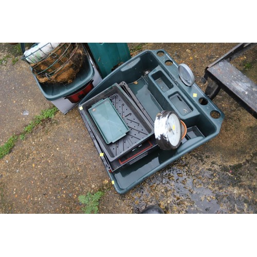 68 - Garden kneeler, trug, hanging baskets with liners, tarpaulin, work station & trays