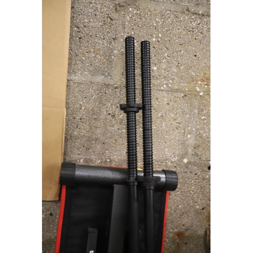 137 - Indoor gym weights/fitness equipment, bench, 5kg, 2.5kg weights, 2 long bars, 2 short bars, 2 dumbbe... 