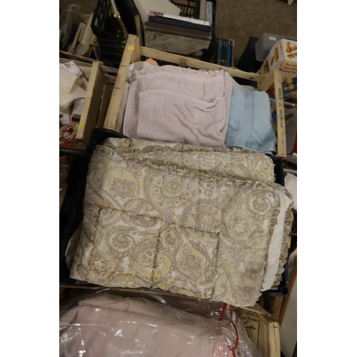 219 - 10 trays of various materials, towels, curtains, etc