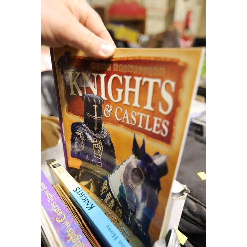 286 - Box of knights, castle related items, incl books, children's role play & helmets