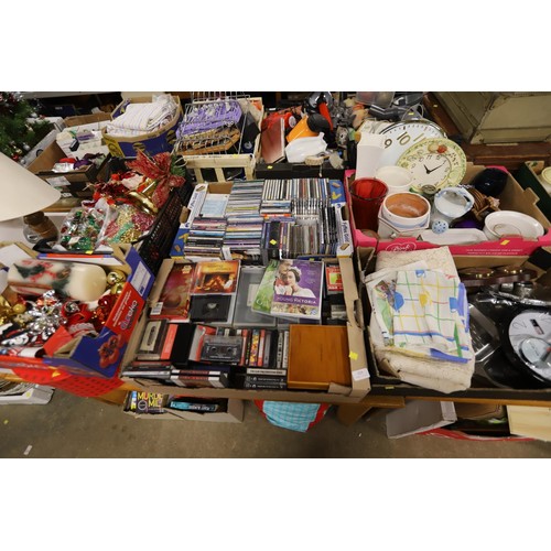 329 - Qty of misc, incl videos, CDs, tapes, barometer, vases, clocks, Christmas items, etc