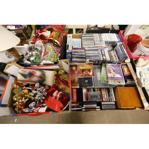 329 - Qty of misc, incl videos, CDs, tapes, barometer, vases, clocks, Christmas items, etc