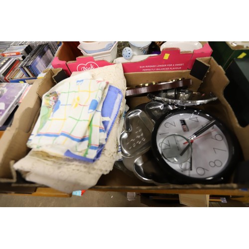 329 - Qty of misc, incl videos, CDs, tapes, barometer, vases, clocks, Christmas items, etc