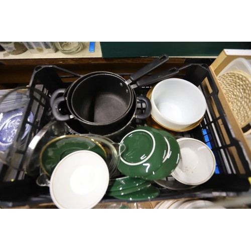 348 - 4 boxes of kitchenware, crockery, glassware