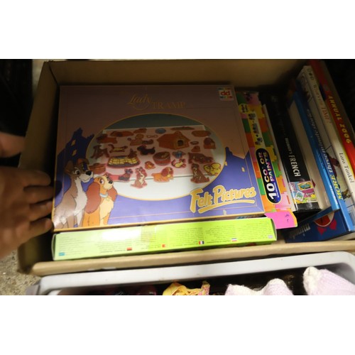 377 - 4 boxes of misc, incl toys, pictures, books, games, trolley, etc