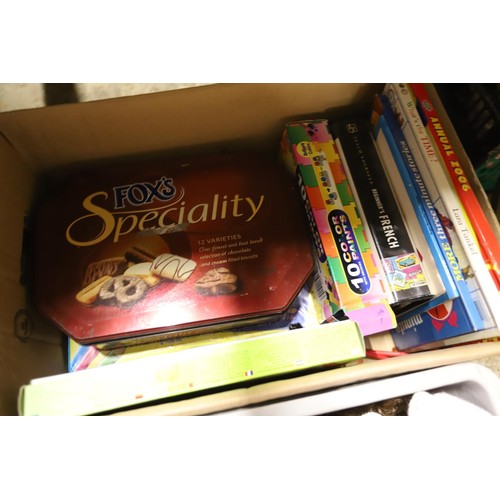 377 - 4 boxes of misc, incl toys, pictures, books, games, trolley, etc