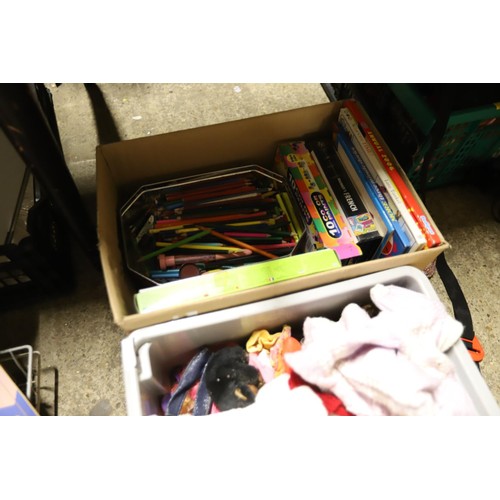 377 - 4 boxes of misc, incl toys, pictures, books, games, trolley, etc