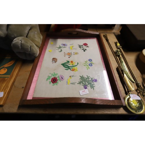 445 - Vintage serving tray with inlaid embroidered material under glass