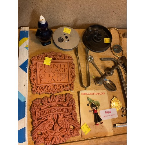 504 - Small interesting items, i.e. glove stretchers, mobiles, rug cutter, etc