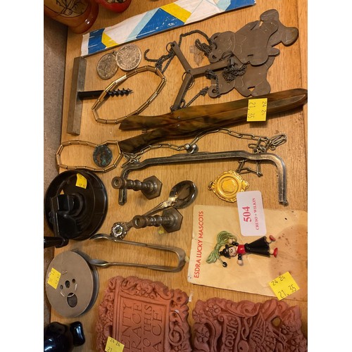 504 - Small interesting items, i.e. glove stretchers, mobiles, rug cutter, etc