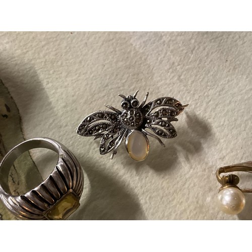 540 - Silver insect brooch, ring & earrings