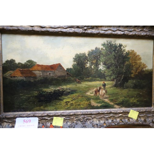 569 - Oil on canvasin decorative frame, J Elliot, exhibeted Royal Academy 1882