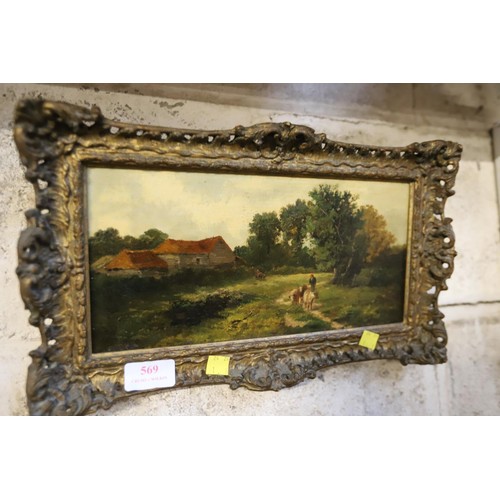 569 - Oil on canvasin decorative frame, J Elliot, exhibeted Royal Academy 1882