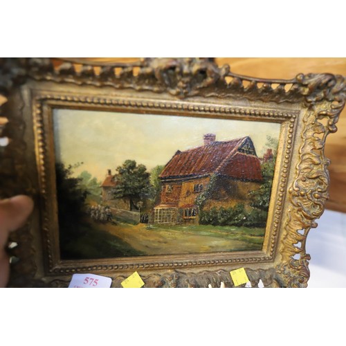 575 - Oil on canvas in decorative frame, village scene