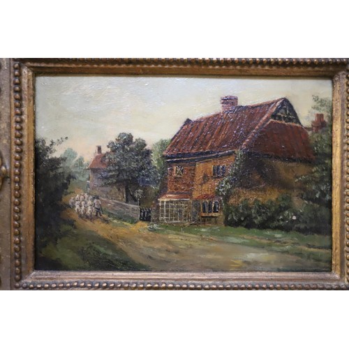 575 - Oil on canvas in decorative frame, village scene