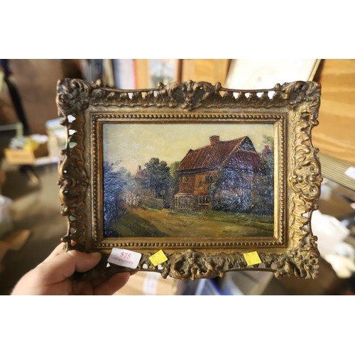 575 - Oil on canvas in decorative frame, village scene