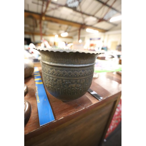 606 - 3 Indian embossed brass pot/planters