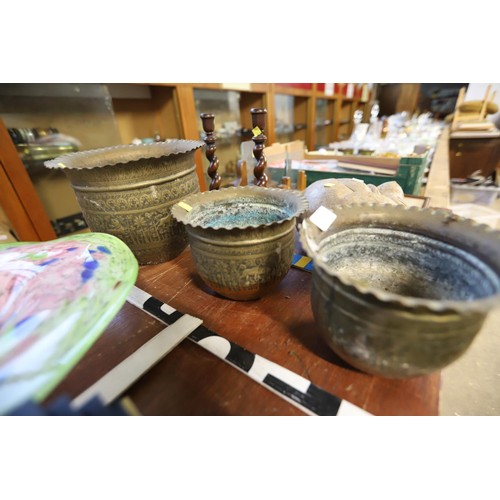 606 - 3 Indian embossed brass pot/planters