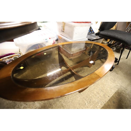 681 - Teak oval low glass top coffee table