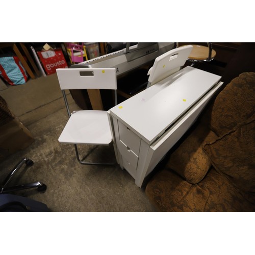 672 - Ikea white drop leaf table with 6 small drawers & pair of folding chairs