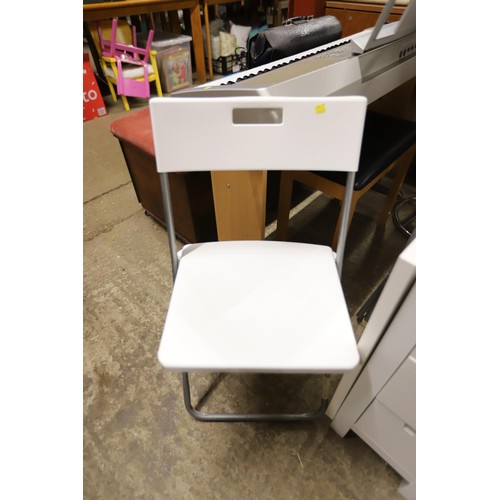 672 - Ikea white drop leaf table with 6 small drawers & pair of folding chairs