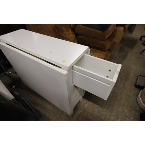 672 - Ikea white drop leaf table with 6 small drawers & pair of folding chairs