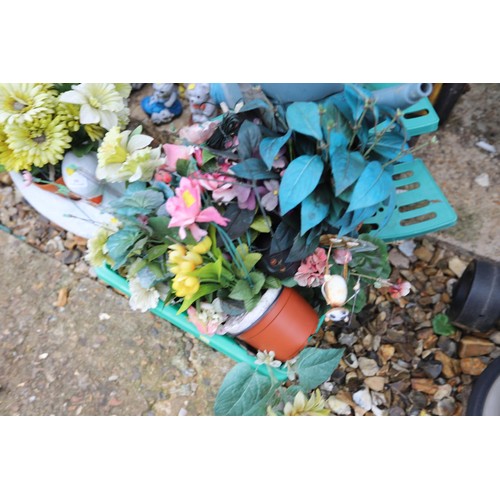 8 - Folding sack barrow, watering can, stand & artificial flowers